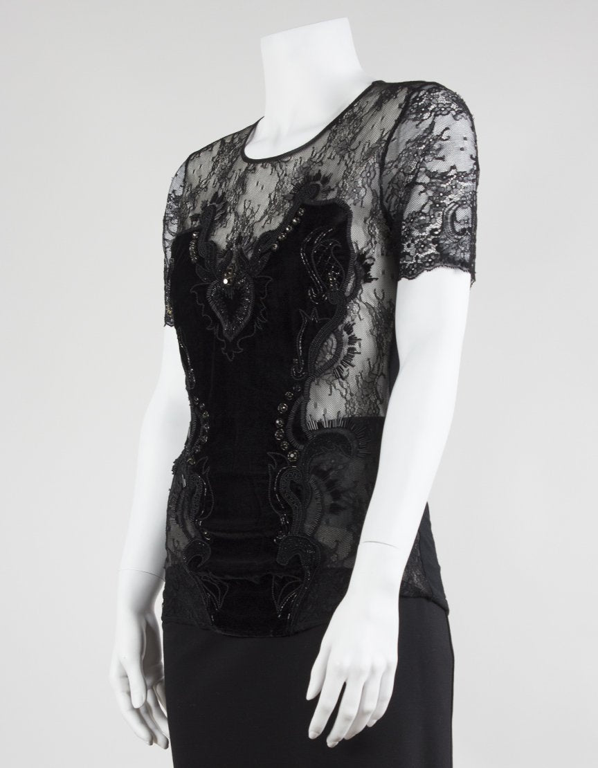 Amen Black Lace And Velvet Short Sleeved Tee - Small