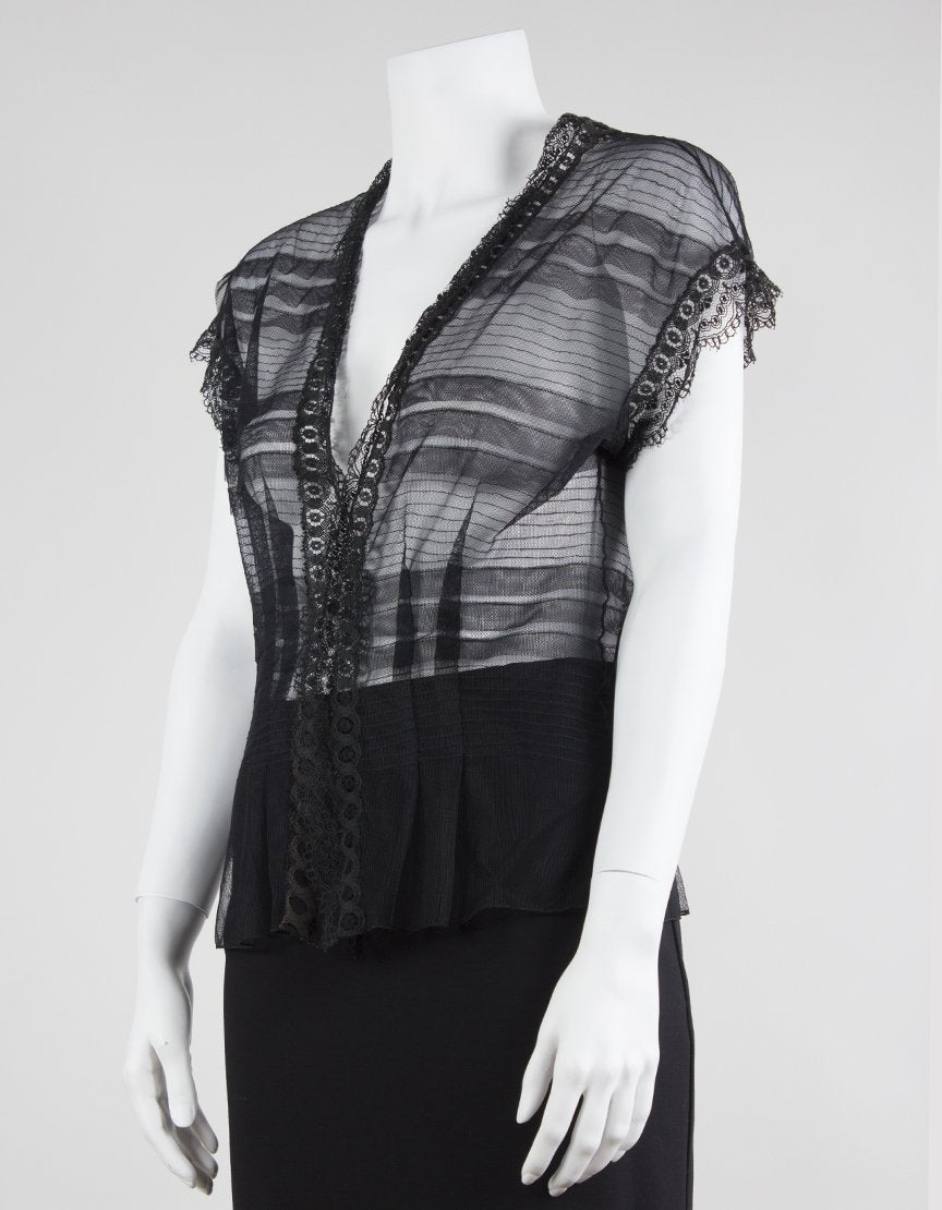 La Perla Sheer Lace V-Neck Capped Sleep Top With Stripe Design Size 44