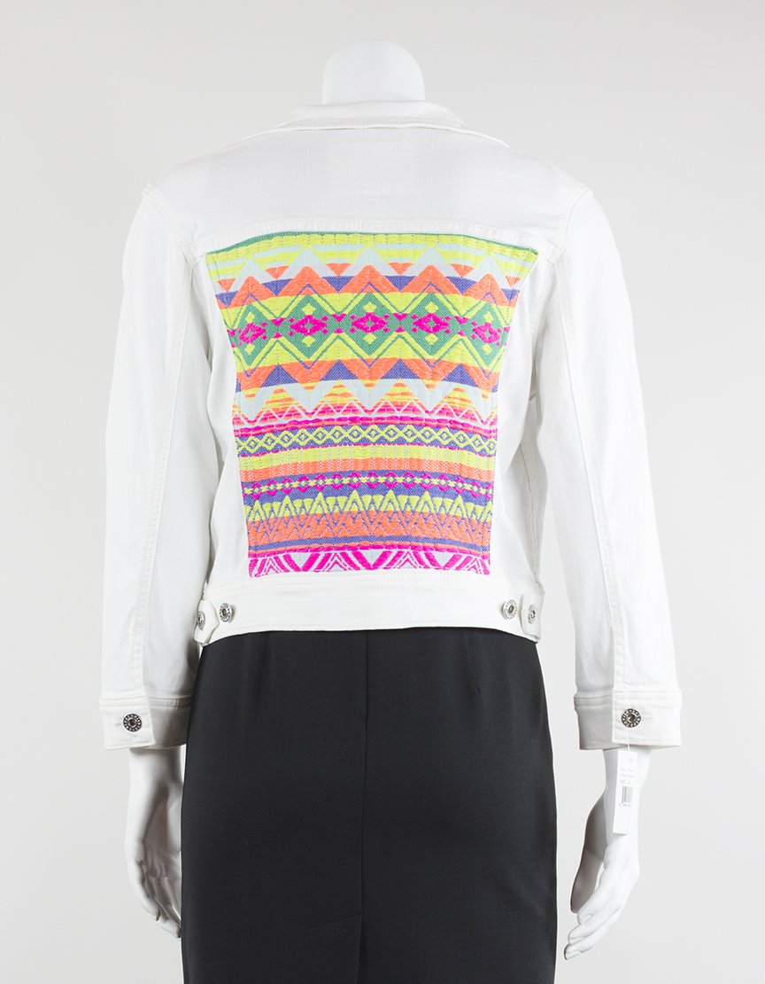 Ag White Denim Harper Jacket With Neon Embroidered Back Panel Size Medium - LuxAnthropy
