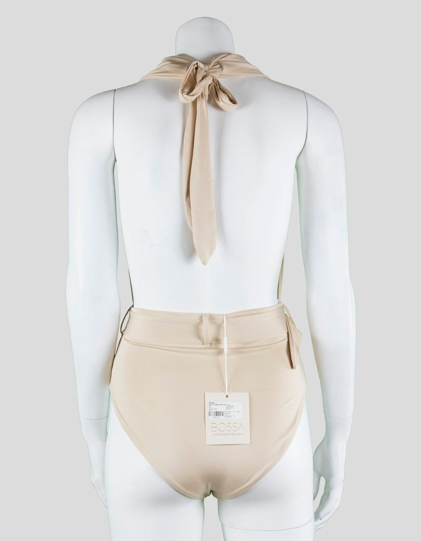 Bossa Pianosa Bodysuit With Cowl Neck Backless Halter And Gold Accented Belt X-Small