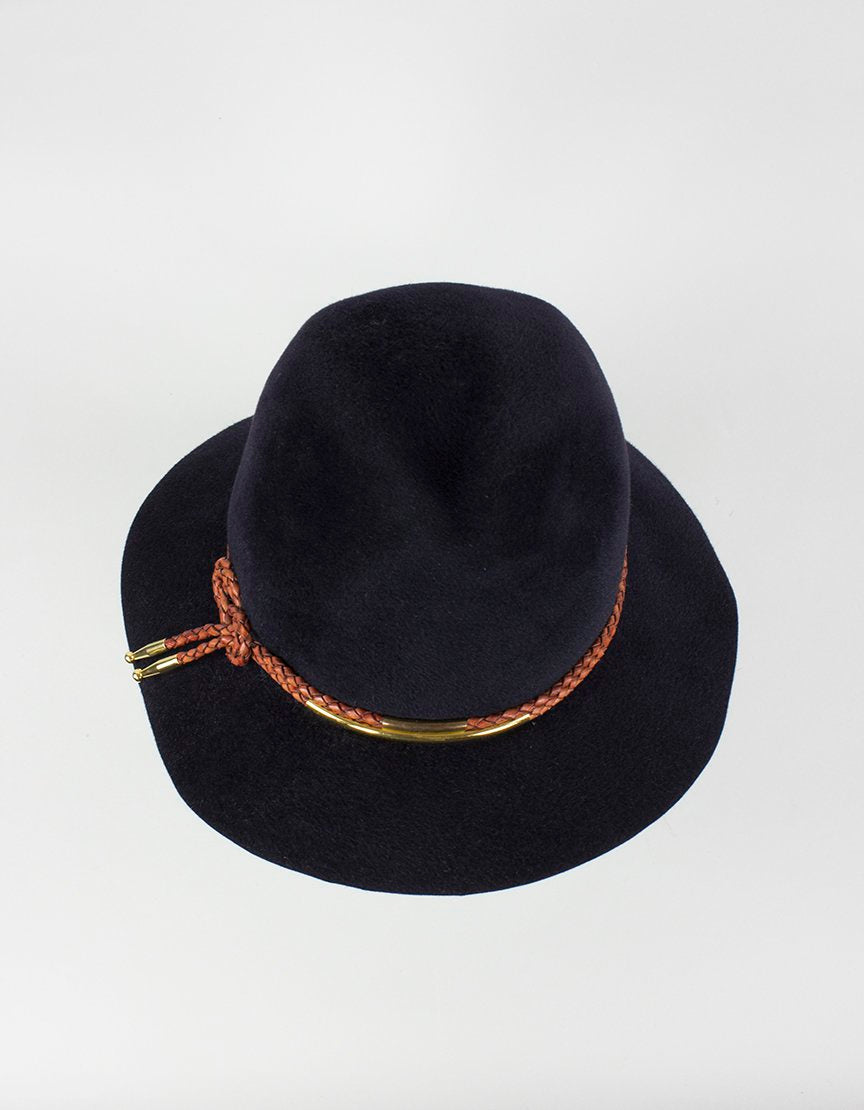 Eugenia Kim Navy Rabbit Felt Fedora With Leather Cording Large