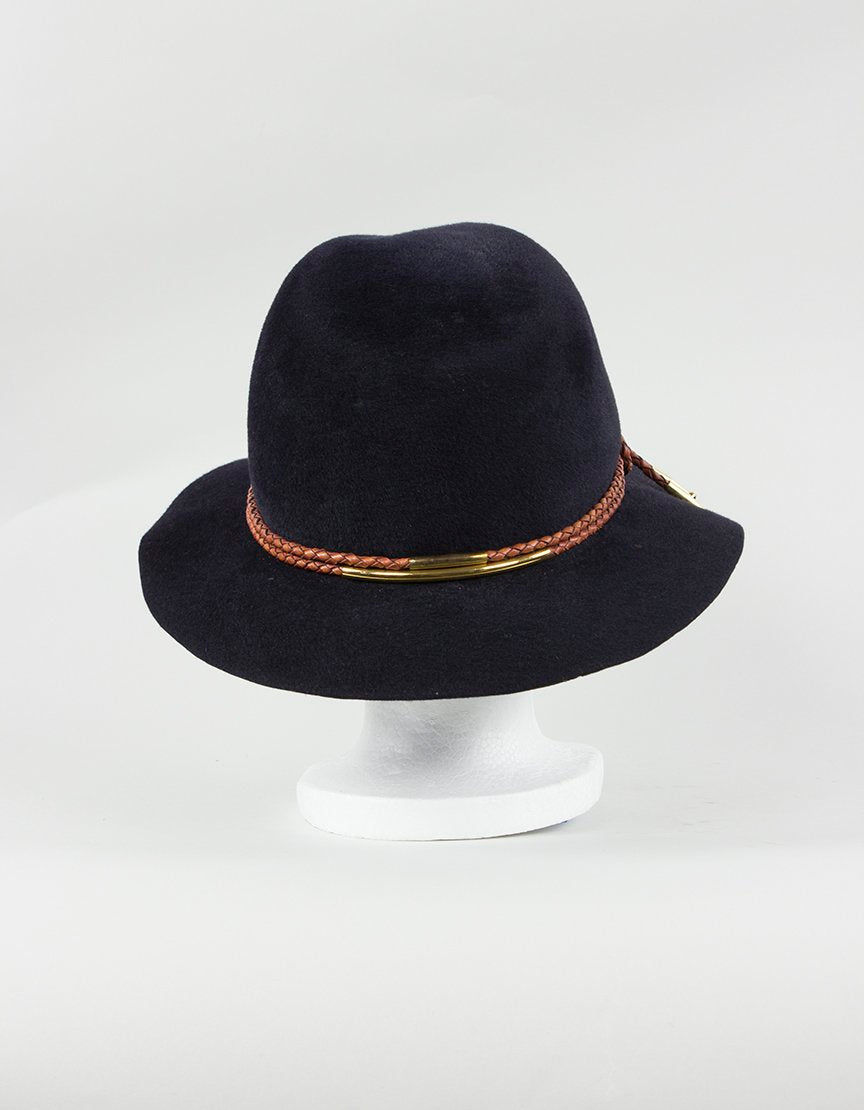 Eugenia Kim Navy Rabbit Felt Fedora With Leather Cording Large