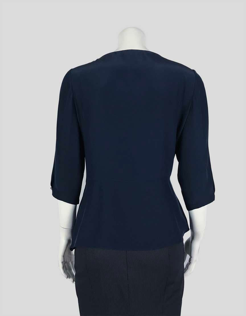 Oscar De La Renta Navy Blue Silk Evening Top With Draping Throughout And Front Tie Design Size 10