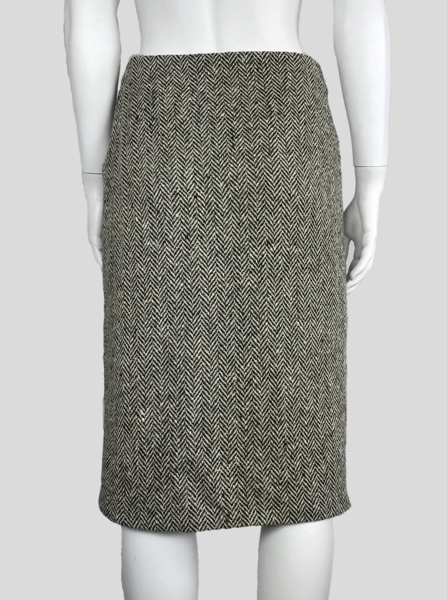 Black Brown And Cream Herringbone Lana Wool Pencil Skirt With Side Zipper Lined Size 12 - LuxAnthropy