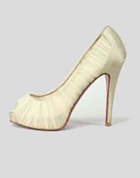 A pair of beige CHRISTIAN LOUBOUTIN Ambrosina Peep Toe pumps with pleated cream upper and satin trim on the heels.