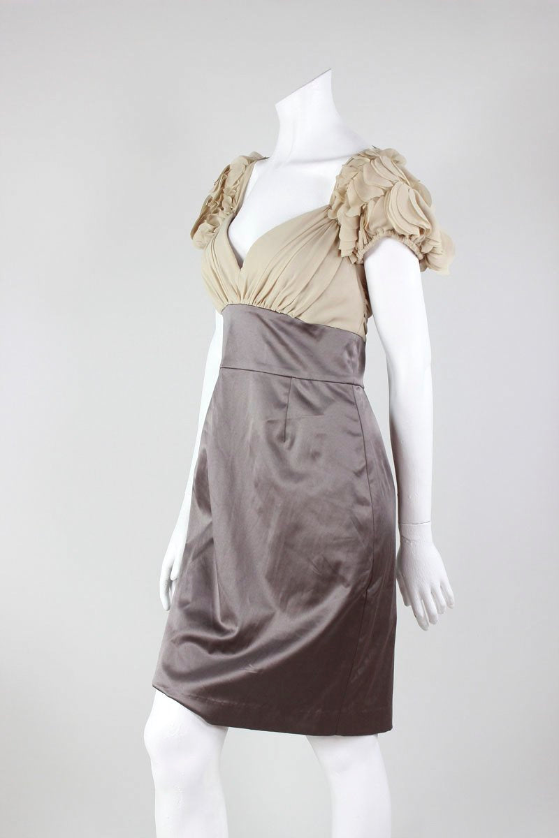 Black Halo Tan Pleated Bodice With Slate Satin Feel Skirt
