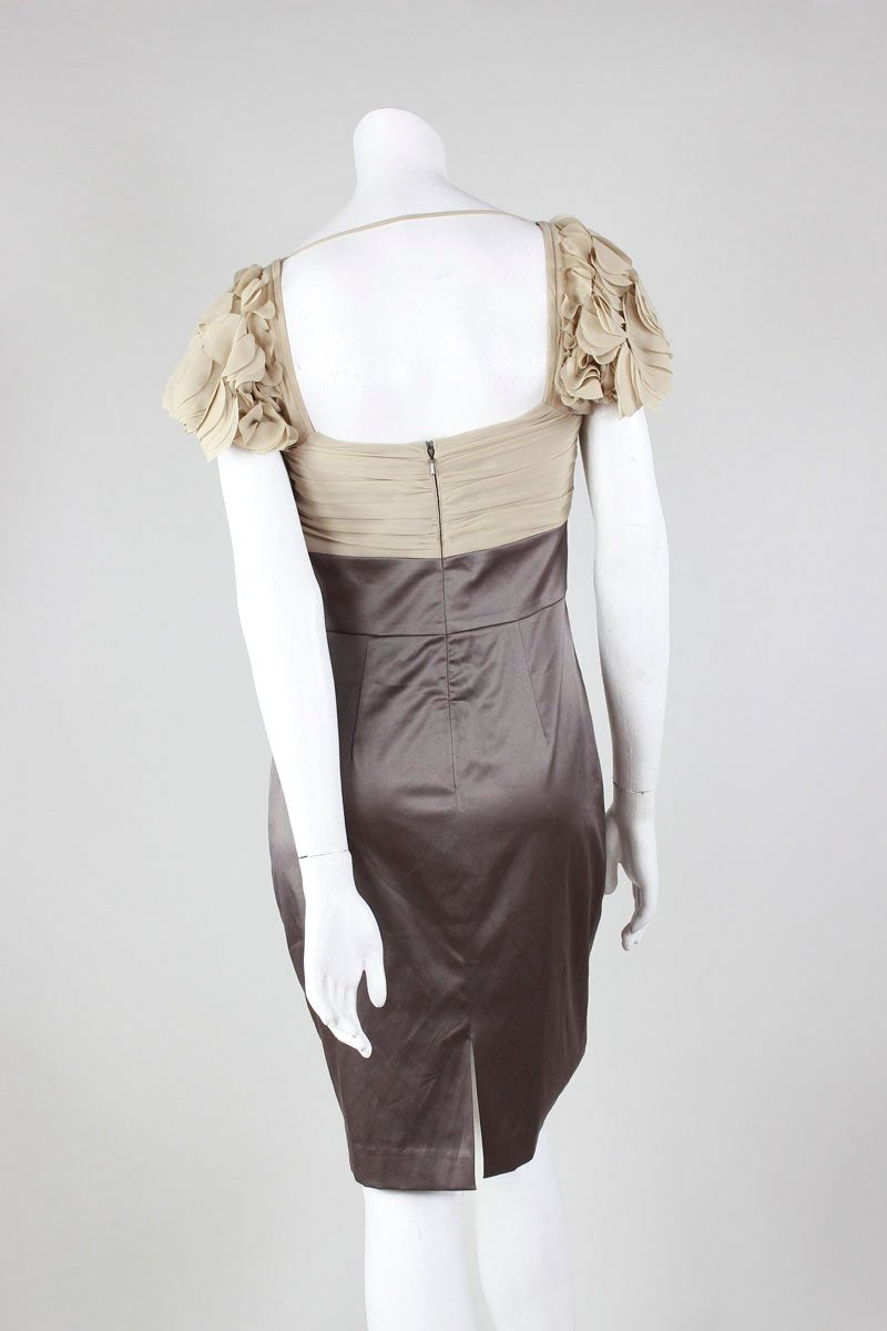 Black Halo Tan Pleated Bodice With Slate Satin Feel Skirt