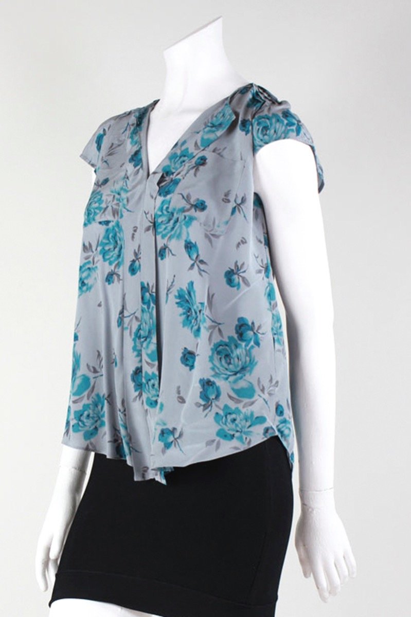 Rebecca Taylor Grey Floral Print Short Sleeved Pullover Blouse With Front Pockets Size 2