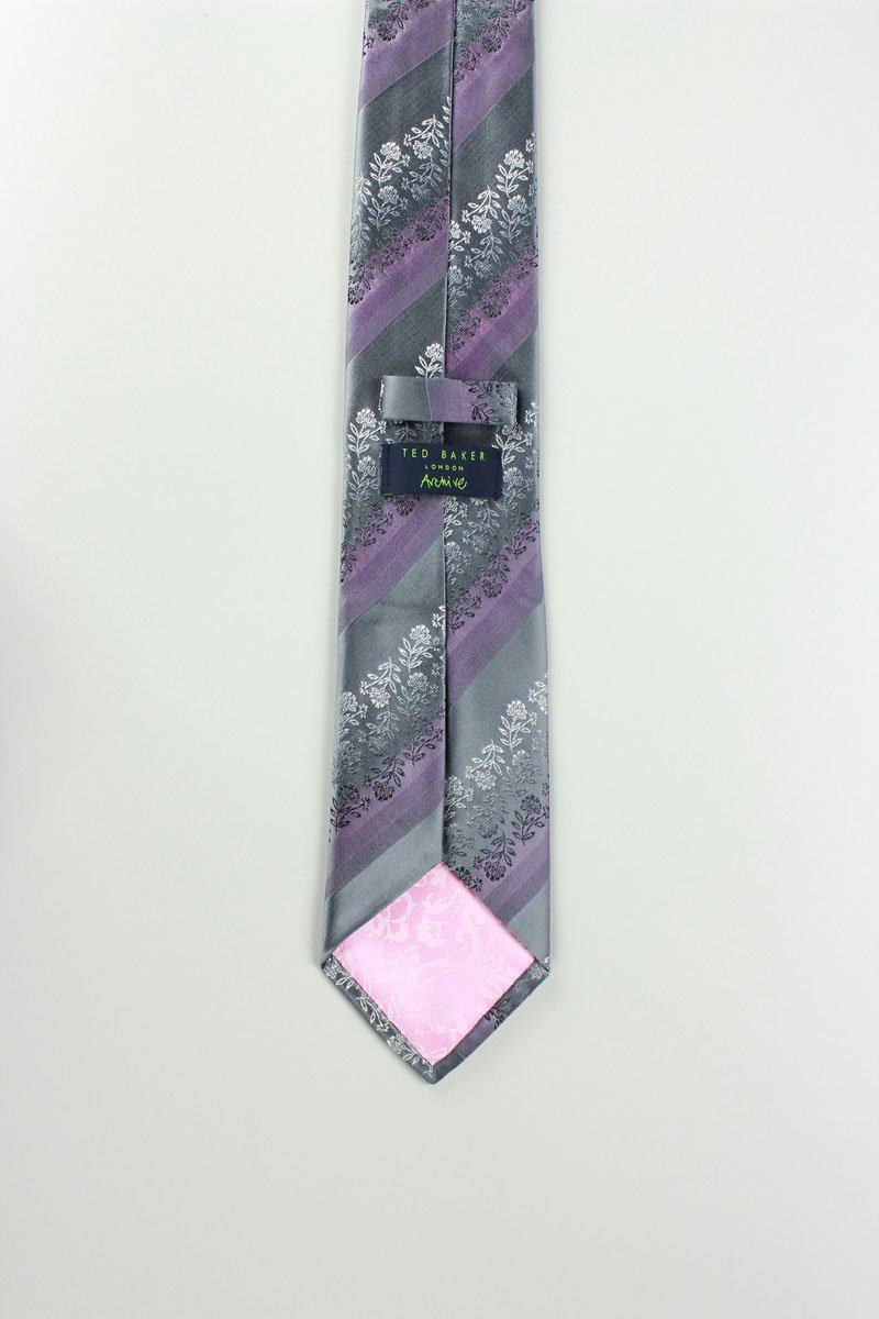 TED BAKER Grey Lilac and Purple Tie with Floral Design - One Size