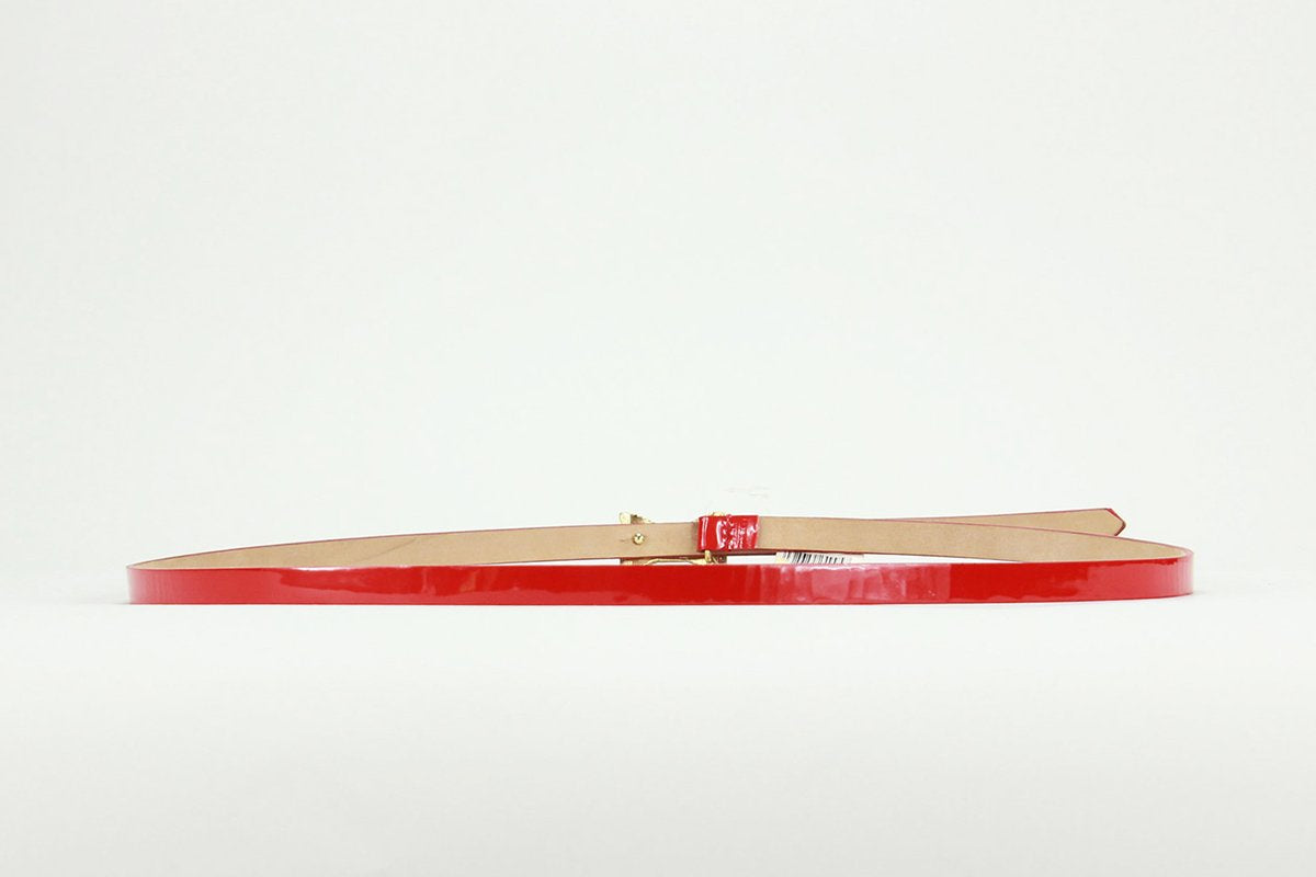 Kate Spade New York Red Patent Leather Skinny Belt With Gold Tone Medal Ribbon Closure Size M/L