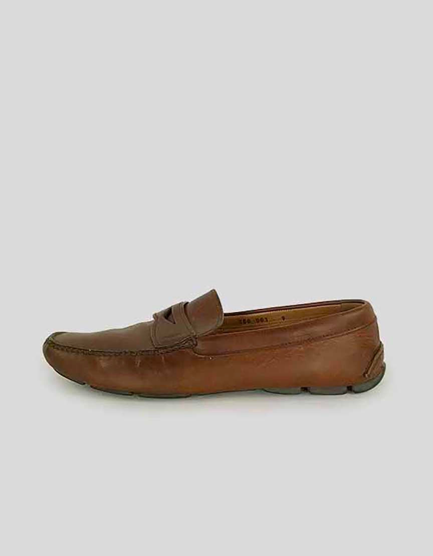 prada tobacco loafers Men's Shuffle Aged Canvas & Leather Boat Shoes 100% rubber Prada Leather Platform Loafer -