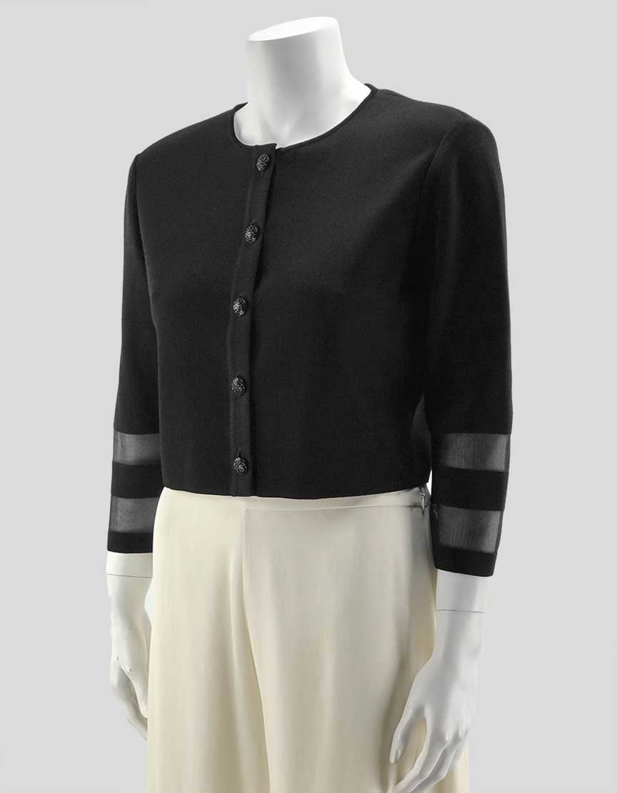 St John Black Cropped Knit Cardigan With Rhinestone Buttons Size Small