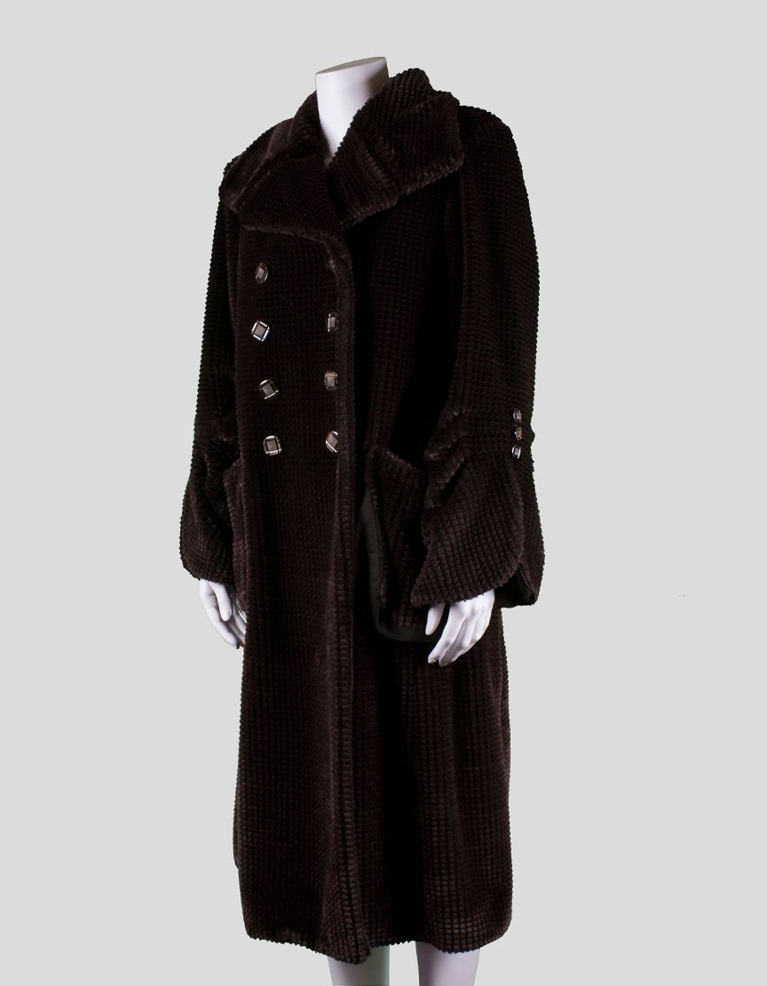 Emporio Armani Brown Velour Esq Three Quarter Length Double Breasted Coat With Open Pockets Size 8