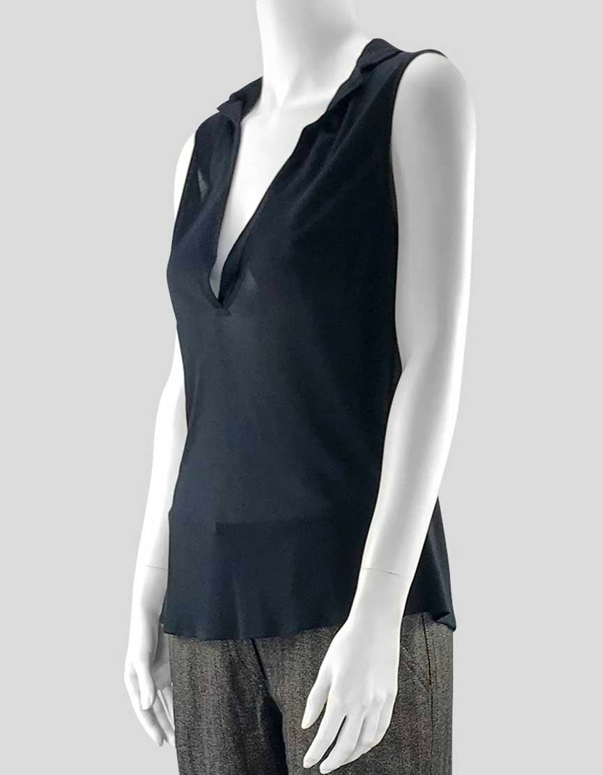 Jil Sander Women's Deep V Black Sleeveless Blouse With Notch Collar Material Is Sheer Size 36 It 6 US