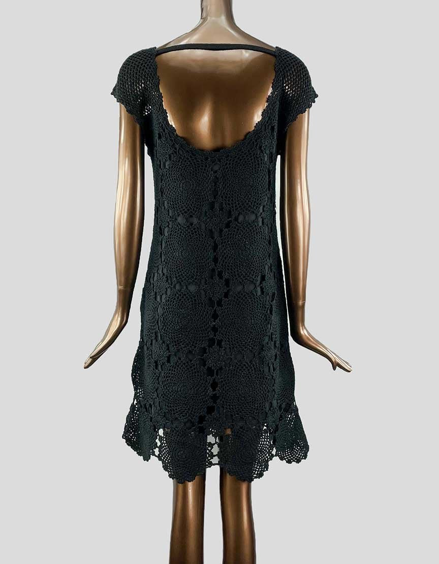 Trina Turk Black Crochet Knit Sheath Dress With Cap Sleeves - Large