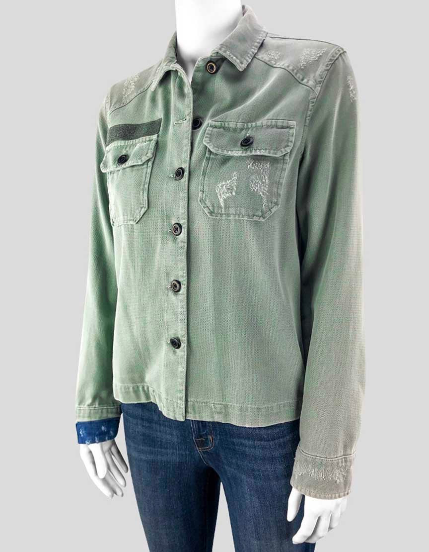 All Saints Army Green Distressed Shirt Denim Jacket Women - 2 US