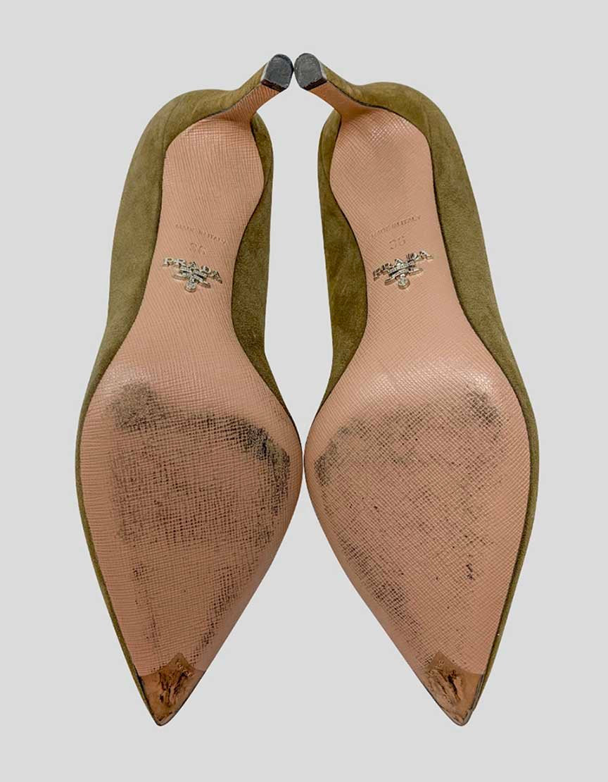 PRADA Olive Suede Pointed Toe Pumps - 36 IT 6 US