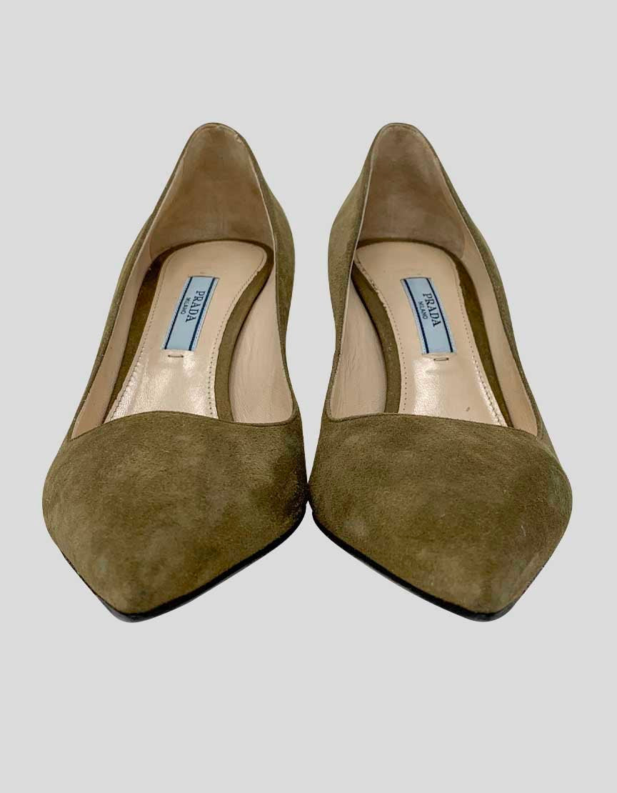 PRADA Olive Suede Pointed Toe Pumps - 36 IT 6 US