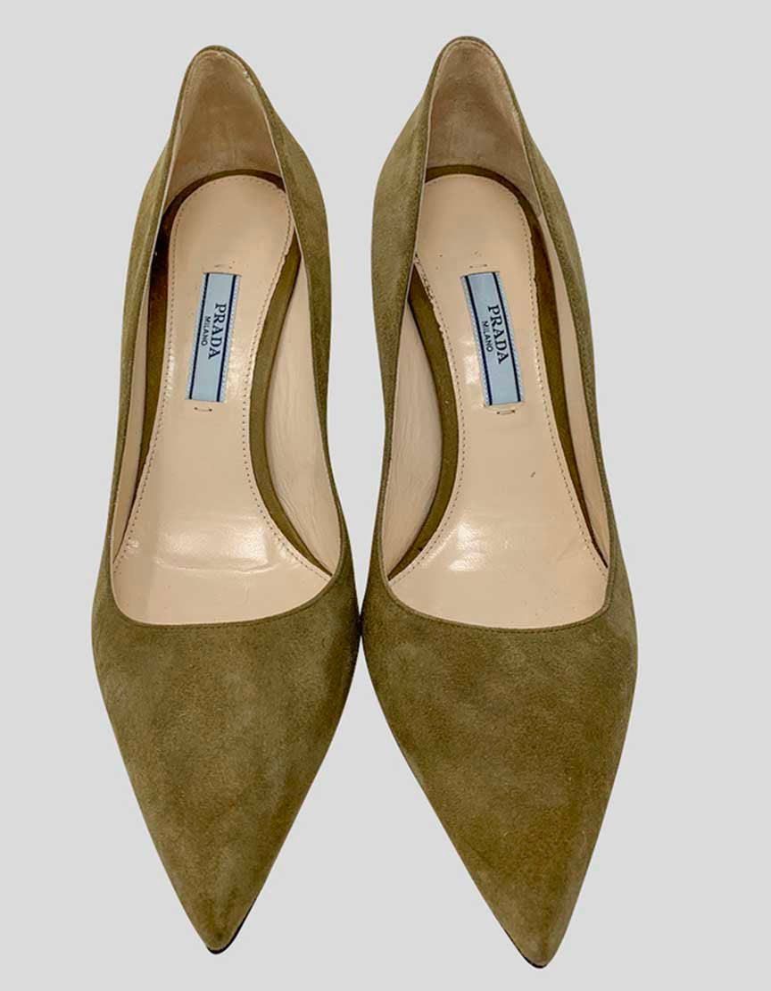 PRADA Olive Suede Pointed Toe Pumps - 36 IT 6 US