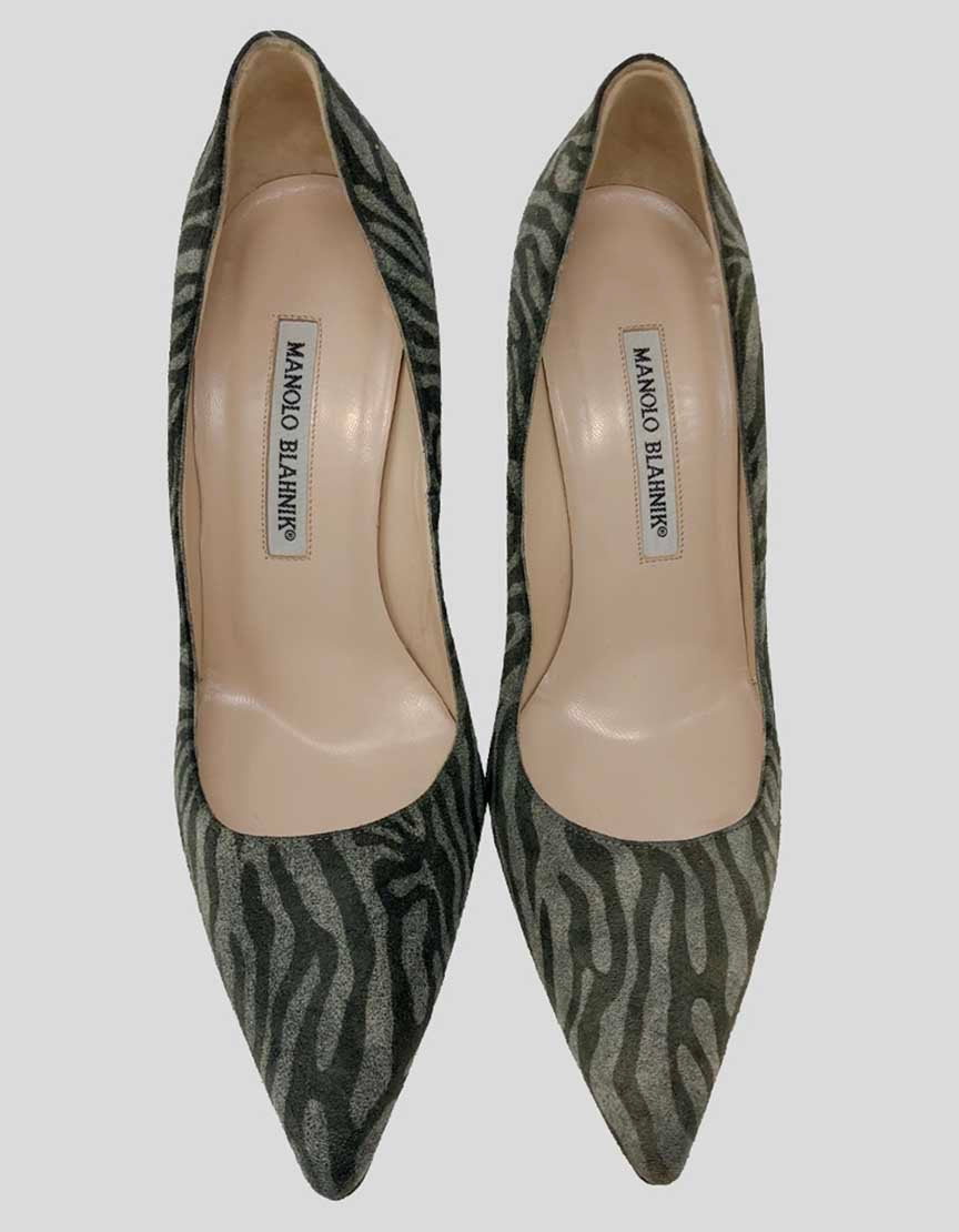 MANOLO BLAHNIK Bb Grey Zebra Print Suede Pumps - 36.5 IT | 6.5 US
