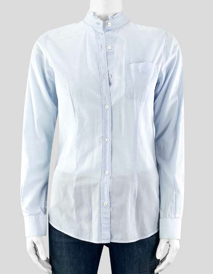 GOLDEN GOOSE light blue collared, one pocket, button-up, long-sleeve shirt. Raw edge trim at collar. One-button cuffs.