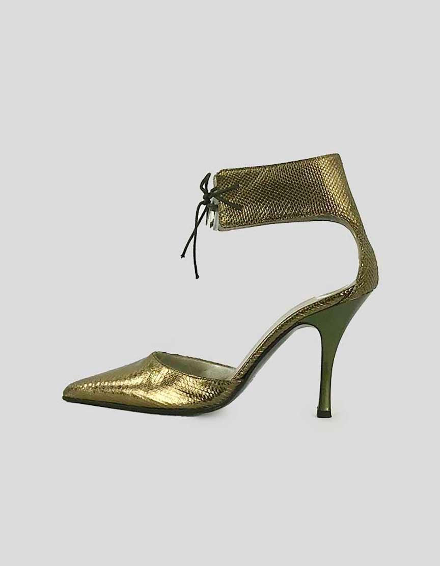 Gucci Pointed Toe Open Pumps With Lace Up Ankle Straps In A Burnt Gold Tone Inspired Snakeskin 5.5 B