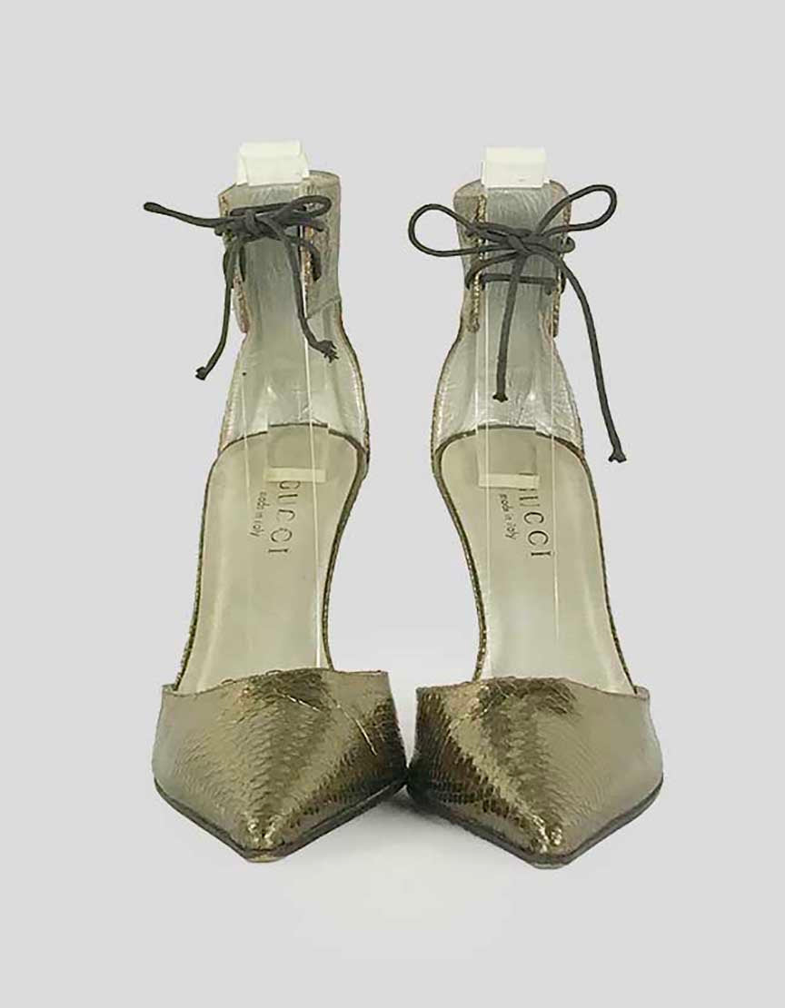 Gucci Pointed Toe Open Pumps With Lace Up Ankle Straps In A Burnt Gold Tone Inspired Snakeskin 5.5 B
