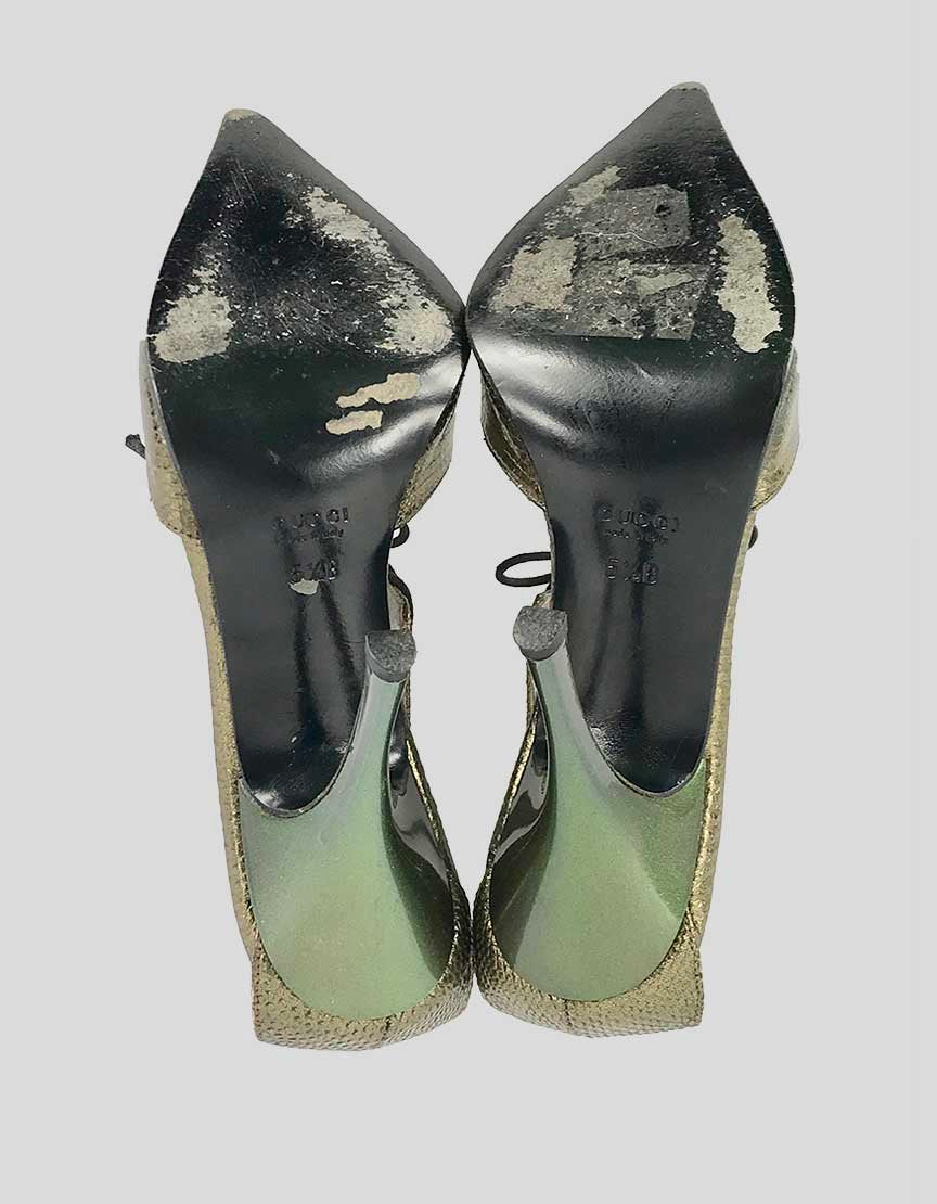 Gucci Pointed Toe Open Pumps With Lace Up Ankle Straps In A Burnt Gold Tone Inspired Snakeskin 5.5 B