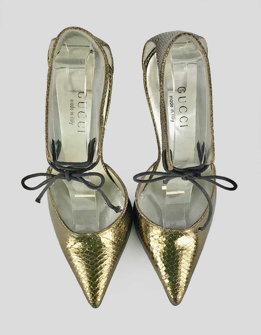 Gucci Pointed Toe Open Pumps With Lace Up Ankle Straps In A Burnt Gold Tone Inspired Snakeskin 5.5 B