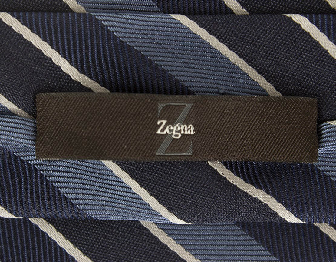 ZEGNA Navy Blue White Striped Tie w/ Tags - One Size