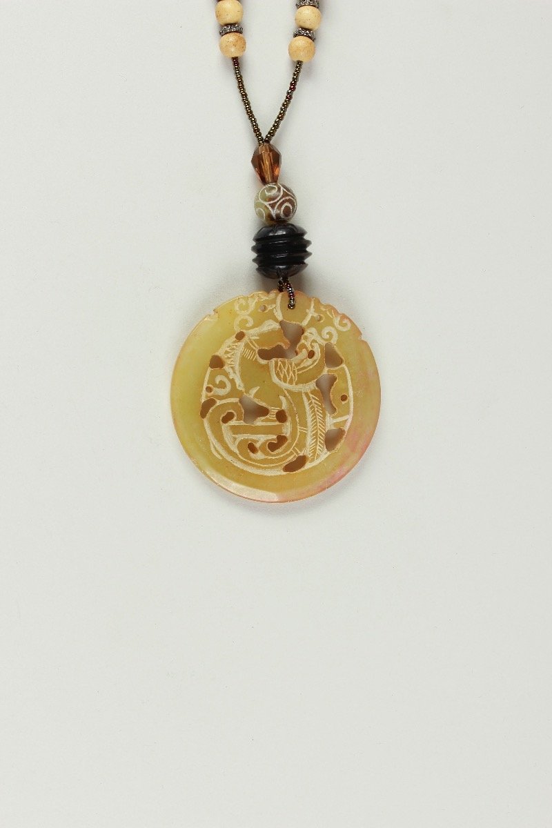 Theresa Goodall Heavily Beaded Necklace With A Large Tan Stone Drop Pendant