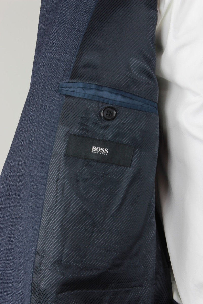Boss Hugo Boss Light Weight Blue Suit Two Button Double Back Vent Suit Jacket With Flat Front Pants 42R