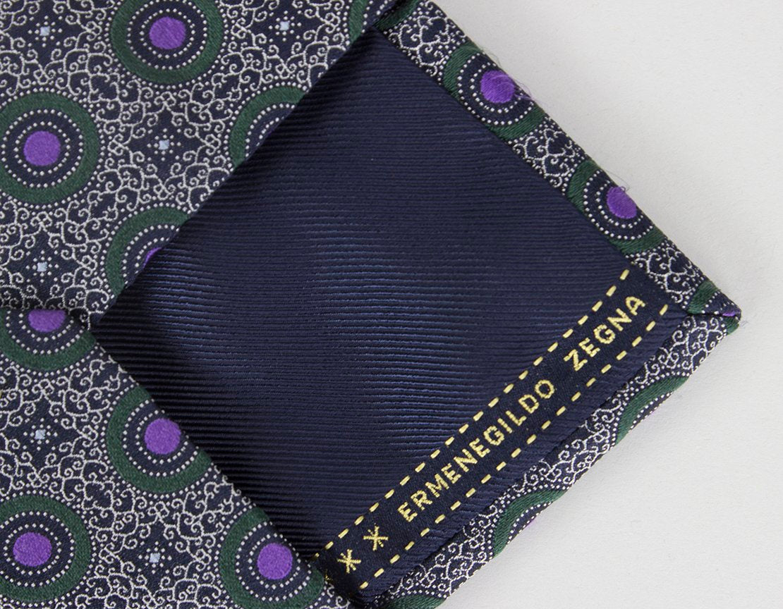Ermenegildo Zegna Black And Silver Design Tie With Purple Green And Black Circles