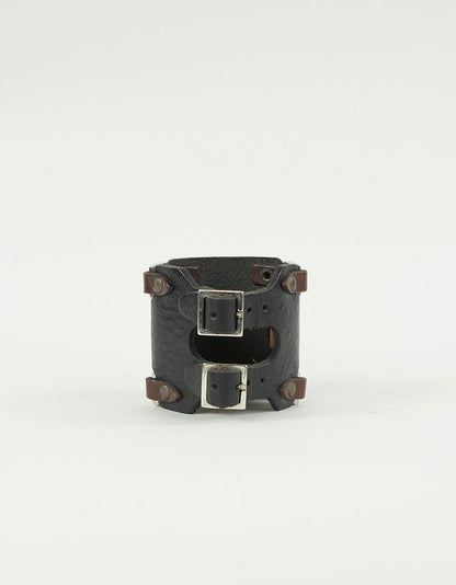 Dsquared2 Black And Brown Leather Cuff With Two Buckle Closures And Silver Tone Hardware