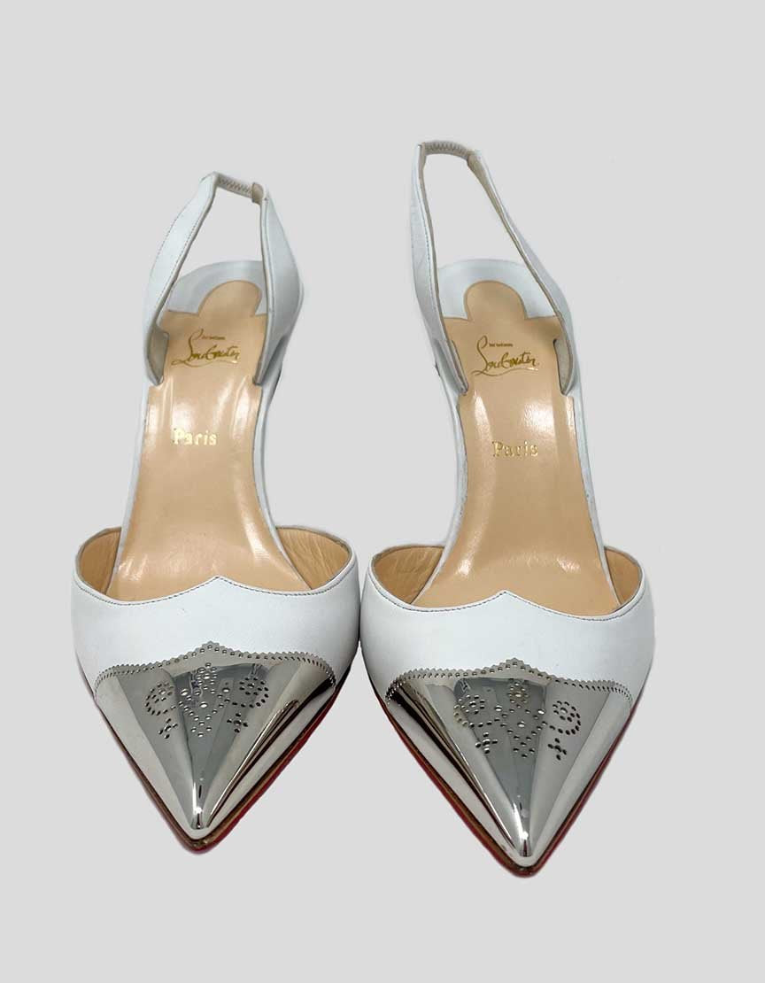 Christian Louboutin Calamijane Cap Toe Slingback Sandals In White With Silver Tip Size 40 It