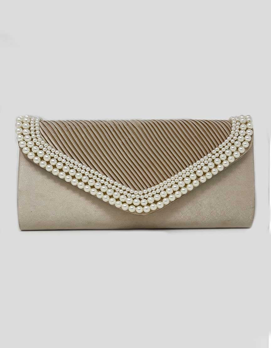 Champagne Evening Clutch With Pearl Embellishments - One Size