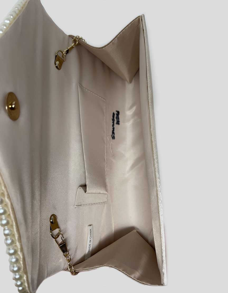 Champagne Evening Clutch With Pearl Embellishments - One Size