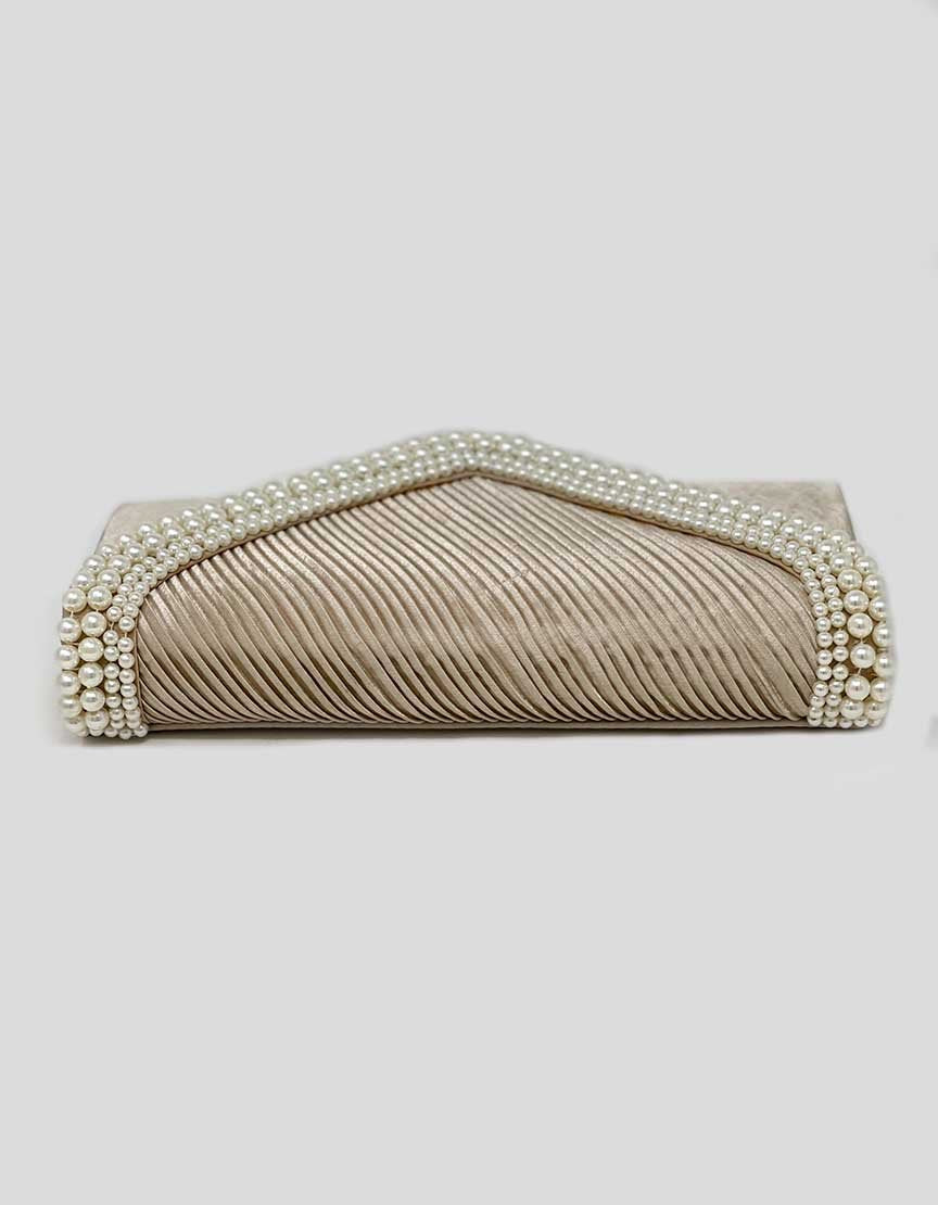 Champagne Evening Clutch With Pearl Embellishments - One Size