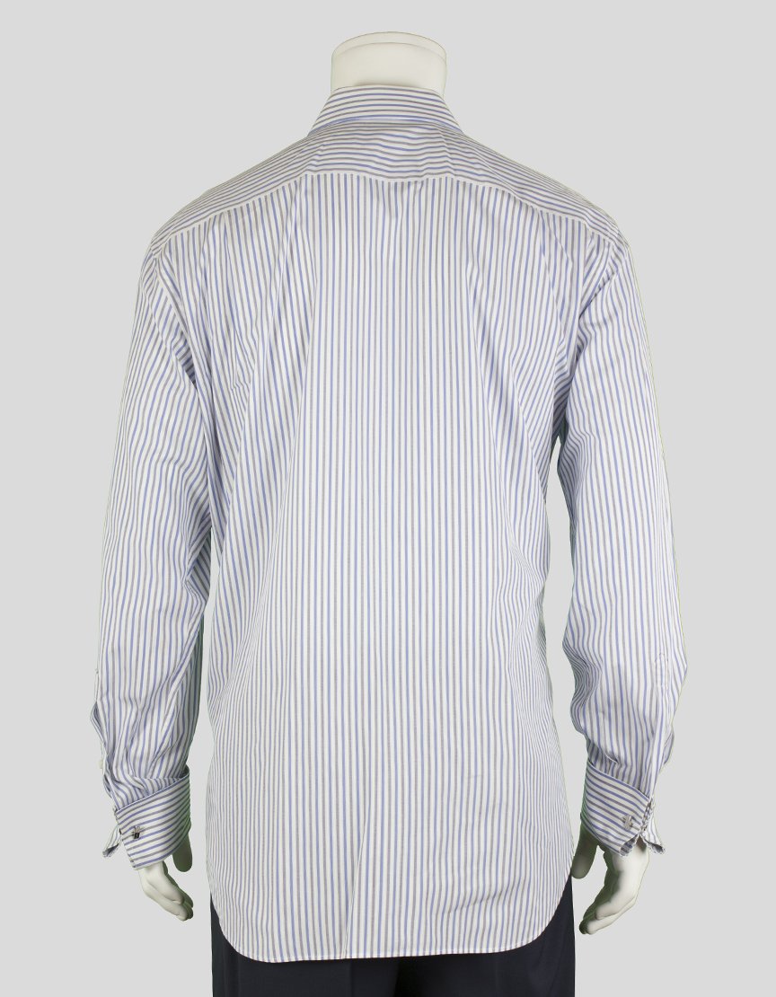 Canali White Blue And Grey Pinstriped Button Down Dress Shirt With French Cuffs And A Point Collar With Room For Stays 17-43