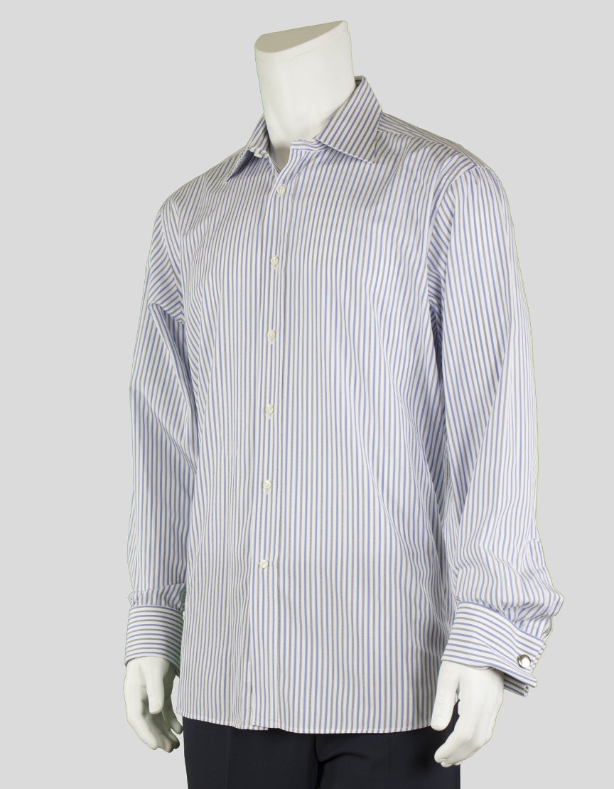 Canali White Blue And Grey Pinstriped Button Down Dress Shirt With French Cuffs And A Point Collar With Room For Stays 17-43