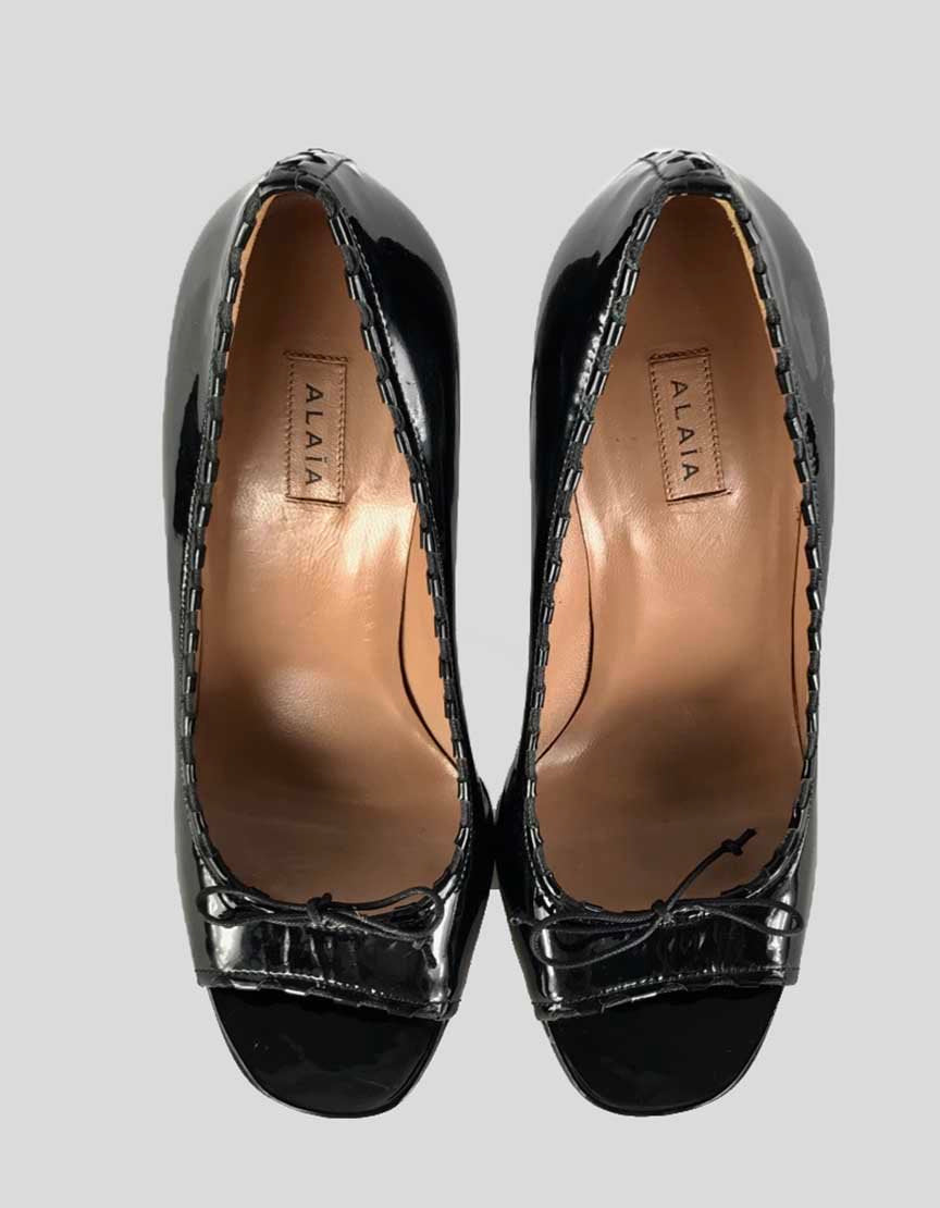 ALAIA Peep Toe Black Patent Leather Heels With Bow At Vamp - 37.5 IT | 7.5 IT