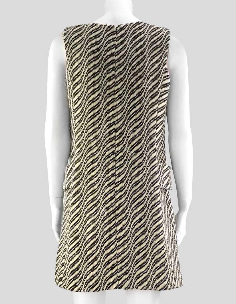 Milly Black And White Wool Shift Mini Dress With Bateau Neckline Button Detail At Waist Size 6 US