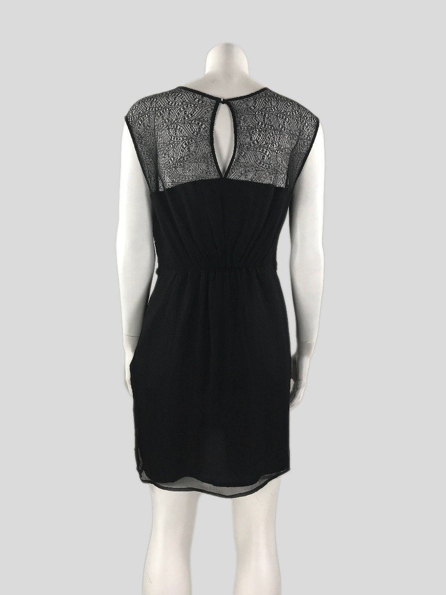 Twelfth Street By Cynthia Vincent Black Sleeveless Round Neck Dress That Gathers At Waist With Lace Embellishment At Shoulders And On Back Medium