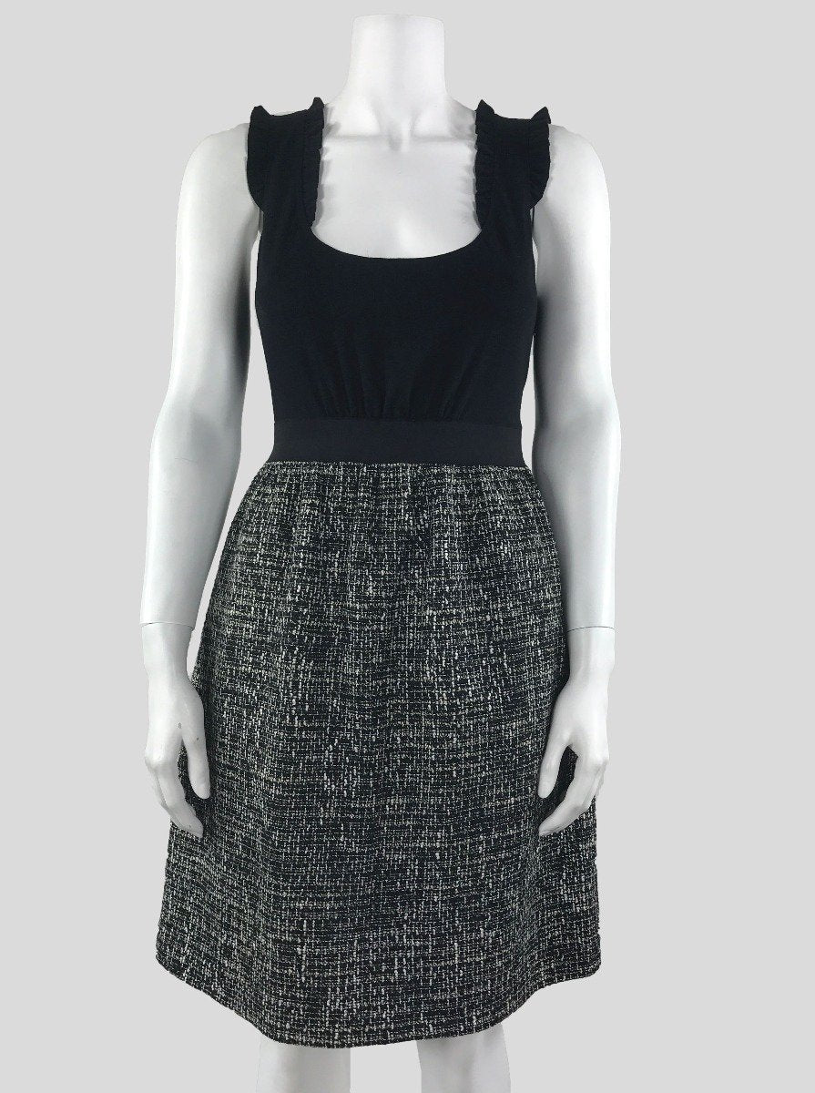 Rebecca Taylor Sleeveless Scoop Neck Dress With Ruffle Design At Chest Black Top With Black And White Tweed Skirt Size 4