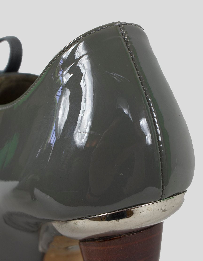 Dolce & Gabbana Grey Patent Leather Peep Toe Booties - 9.5 US | 39.5 IT