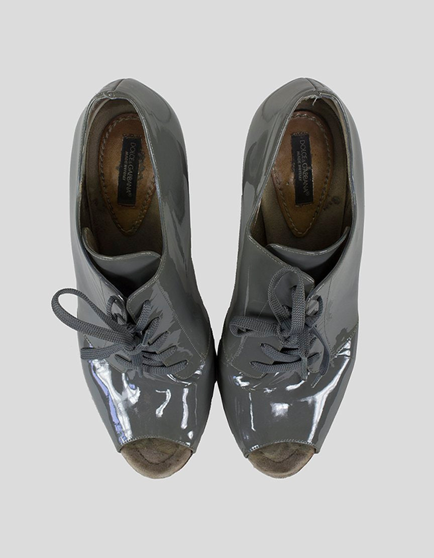 Dolce & Gabbana Grey Patent Leather Peep Toe Booties - 9.5 US | 39.5 IT