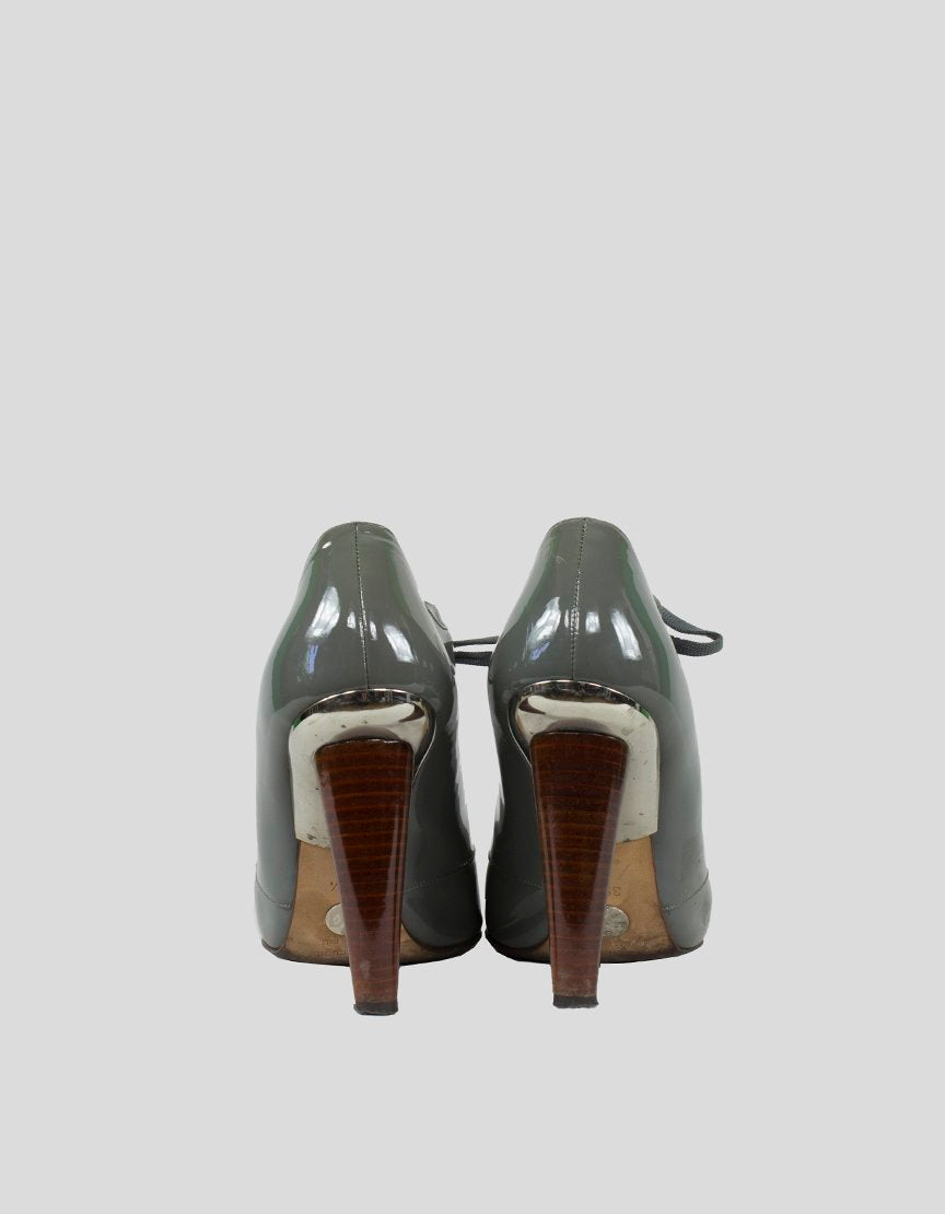 Dolce & Gabbana Grey Patent Leather Peep Toe Booties - 9.5 US | 39.5 IT