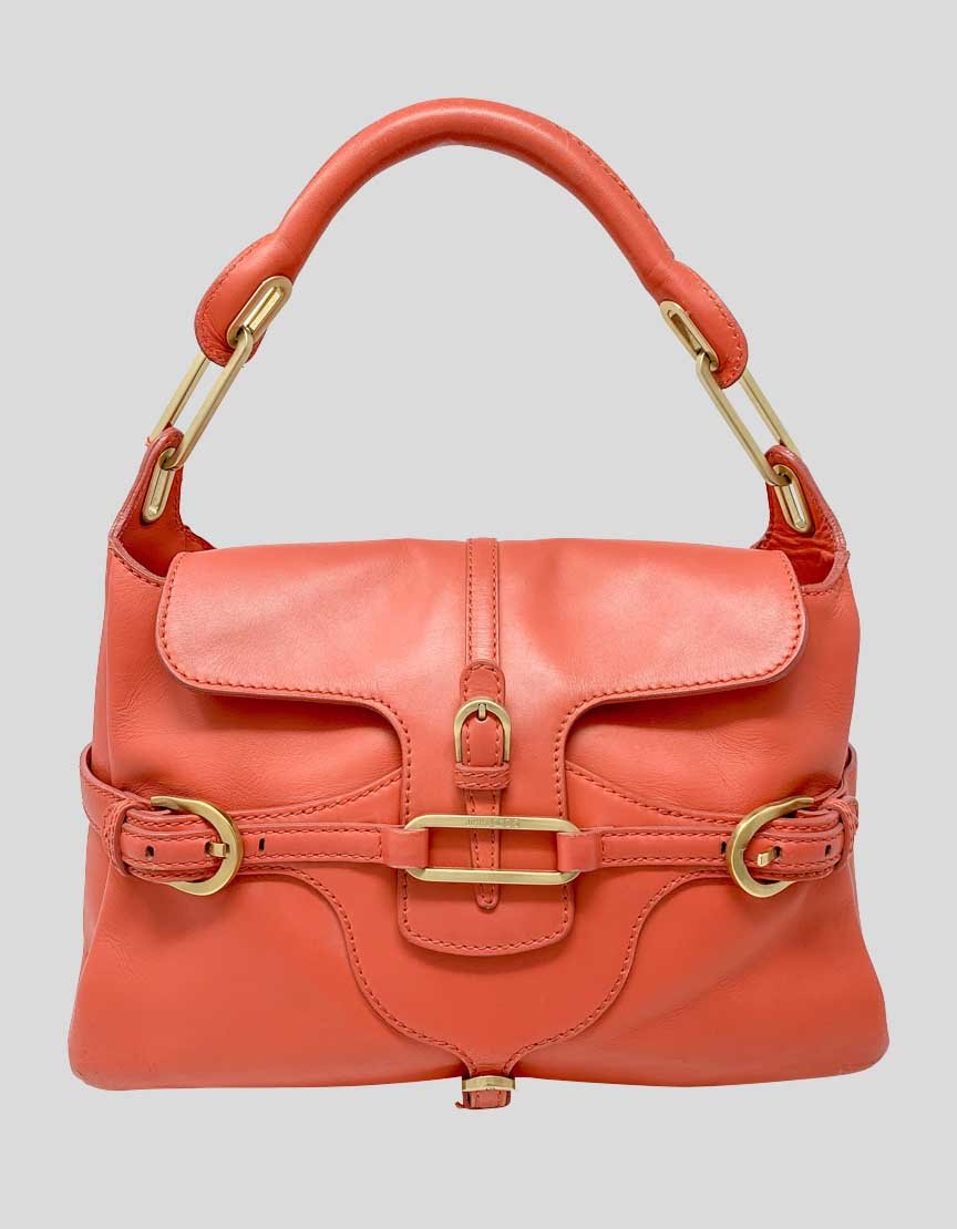 Jimmy Choo Tulita Orange Shoulder Bag With Gold Tone Hardware Single Rolled Leather Shoulder Strap Buckle Adornment At Front