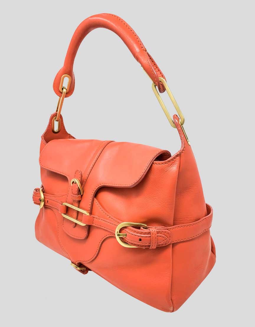 Jimmy Choo Tulita Orange Shoulder Bag With Gold Tone Hardware Single Rolled Leather Shoulder Strap Buckle Adornment At Front