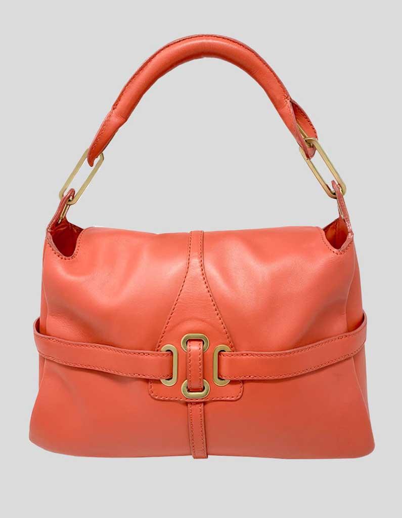 Jimmy Choo Tulita Orange Shoulder Bag With Gold Tone Hardware Single Rolled Leather Shoulder Strap Buckle Adornment At Front